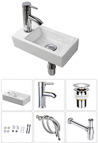 Wandaufhängendes Waschbecken, kleines Waschbecken, rechteckig, Keramik, linke Hand, mit Wasserhahn und Ablauf (Art Deco)
