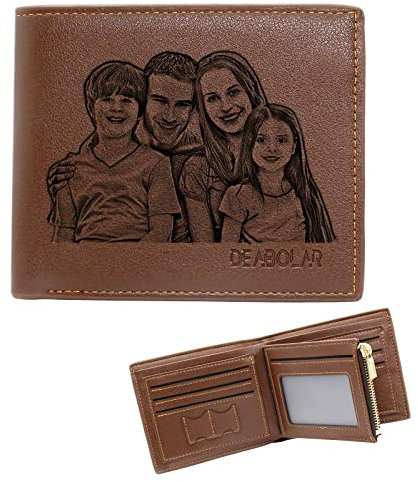 Personalisierte Gravierte Foto Geldbörse Herren, Leder Brieftasche mit Münzfach, Vatertagsgeschenk