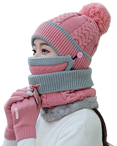 Krrinnhy Damen Mütze Schal Set mit Mundschutz und Handschuhe 4 in 1 Wintermütze Winddicht Strickmütze Warme Weiche Beanie Mütze mit Bommel für Damen Herren Halswärmer Outdoor Radfahren,Rosa