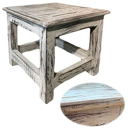 LS-LebenStil Vintage Holz Hocker - Mumbai - Teakholz - Massiv - Rustikal - Shabby Weiß - 26x25cm Schemel Fußbank Bänkchen Fußhocker Tritthocker Blumenhocker Pflanzenhocker Beistellhocker