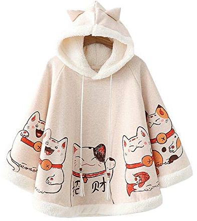 YM Youmu, mantello invernale in pile con cappuccio e poncho giapponese Kawaii Gatto portafortuna. Taglia unica