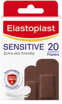 Elastoplast Sensitive Hypoallergenic Plasters Dark (20 Pieces), for Painless Removal, Soft and Breathable Fabric Plasters, Strong Adhesive, Dark Skin Tone, for Sensitive Skin