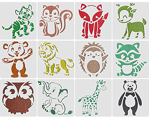 Tierschablone Vorlagen 12 PCS Tiere Malschablonen,13 * 13 cm Malerei Schablone Tier Wiederverwendbare Plastik Tiermalerei-Schablonen für Kinder Notizbuch Journal Sammelalbum Malerei