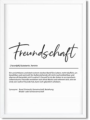 Urhome Kunstdruck Definition Freundschaft mit Bilderrahmen Weiß in DIN A4 - Worterklärung wie im Duden Lexikon Wandbild Wanddeko mit Spruch Holz Rahmen für Wohnung Familie Freunde