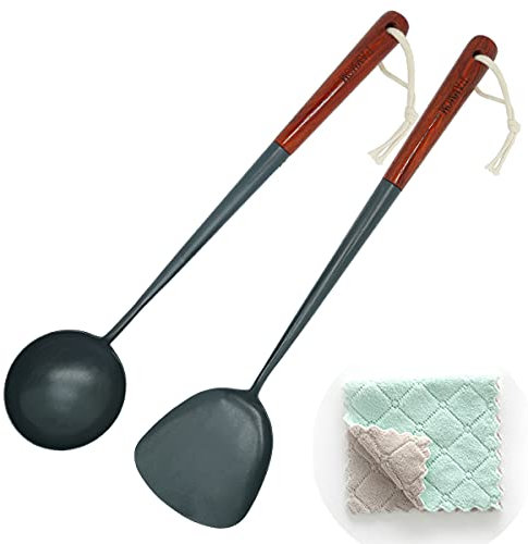 Juego de espátulas y cucharones de hierro martillado a mano tradicionales chinos para wok, juego de utensilios de cocina asiáticos, cucharón wok forjado a mano y espátula espátula espátulas y