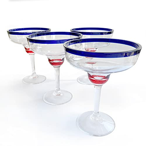 Lily's Home Unbreakable Acrylic Margarita Glasses with Colored Rim, Made of Shatterproof Plastic and Ideal for Indoor and Outdoor Use, Reusable, Crystal Clear (14 oz. Each, Set of 4)