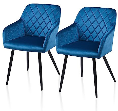 TUKAILAI Esszimmerstühle 2er Set aus Samt, Küchenstuhl Polsterstuhl Wohnzimmerstuhl Sessel mit Armlehnen Rückenlehne Metallbeinen, für Küche Esszimmer Wohnzimmer Lounge,Blau