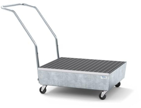 Denios Fahrbare Auffangwanne aus Stahl | mit Gitterrost & leitfähigen Rollen | verzinkt | BxHxT 1275x890x635 mm | Volumen 65 l | 2 Fässer | Arbeitssicherheit Notfall-Umweltschutz-Produkte säurefest