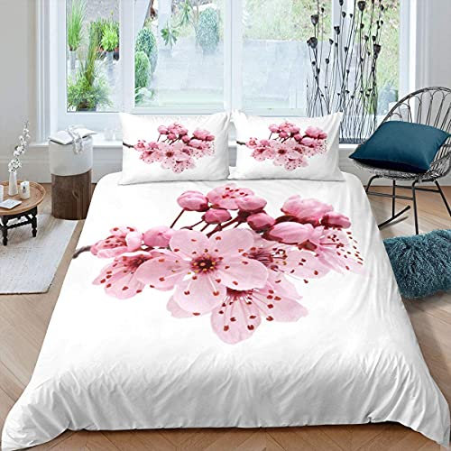 Homewish Japanische Kirschblüten Bettwäsche Set Kirschblüten Bettbezug Pflanze Zweige Blumen Tagesdecke Abdeckung Rosa Blüte Trösterbezug Waschbar Dekor 3 Stücke 220x240