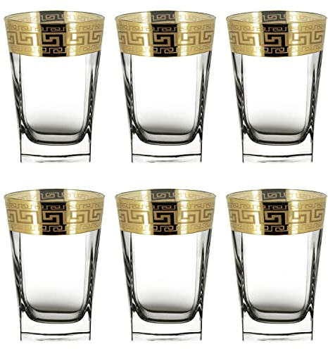 Roman Deluxe Shot Glasses Set of 6 with Unique Unusual Gold Rim Decor/Fancy Vodka Shots/Pretty Tequila Shot Glasses/Heavy Base - 80ml - Gift Set for Women or Men (Gold Baroque Decor)
