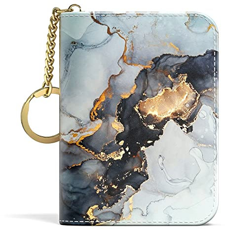 Aiawoxc Kreditkartenetui für Damen, kleine RFID-Geldbörse, schmal, Leder, Visitenkarten-Organizer, Etui mit Reißverschluss und Schlüsselanhänger, Schwarz Gold Marmor, Card Holder, Modern