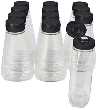 Botella de plástico PET con tapón de válvula antigoteo. 12 botes aptos para uso alimentario de 250 ml para dispensar miel, salsas, mermeladas, etc.
