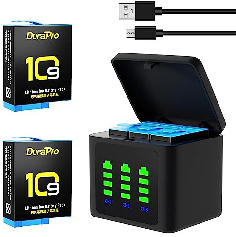 DuraPro 2X Hero 12 11 10 9 Battery + LED 3-Channel USB Storage Quick Charger with Type C Port for Gopro Hero 12 10 /Hero 9 Hero 11 Black Cameras