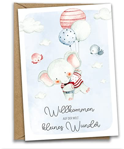 Ninky® Glückwunschkarte zur Geburt mit Umschlag Willkommen kleines Wunder • moderne Grußkarte als Postkarte DIN A6 für Mädchen und Jungen & Kraftpapier-Kuvert - Geschenk zur Geburt (Blau)