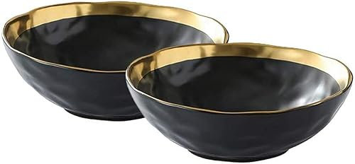 EdirFtra Vintage Ceramic Cereal Bowl for Soup, Cereal, Rice, Salad, Pasta, Elegant Design with Gold Edge, Black, 2 Piece.,6in
