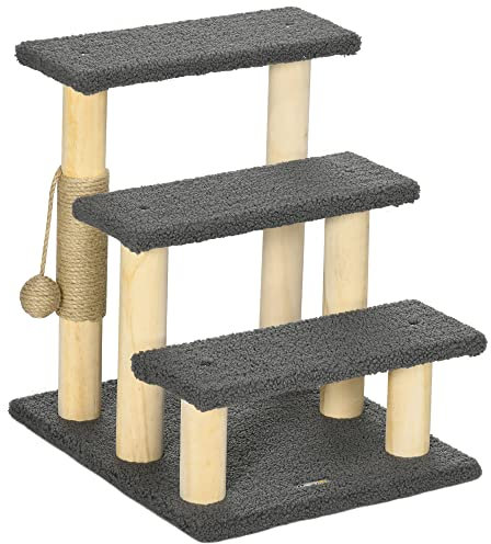 PawHut Tiragraffi a Scaletta per Gatti a 3 Livelli con Pali in Juta e Pallina Appesa, 45x40x48cm, Grigio
