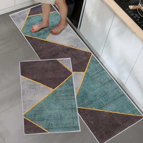 BWBIKE Juegos de alfombras de Cocina Alfombras de pie Lavables 2 Piezas Juegos de alfombras de Piso Antideslizantes de Microfibra, 43 x 75 cm + 43 x 150 cm, Triángulos-Rejilla
