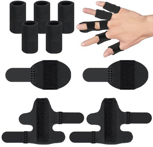 Lollanda 2 Stück Fingerschienen, 2 Stück Kurz Fingerglätter, 5 Stück Fingerschutz Elastische, Verstellbare Fingerstütze Finger Brace für Gebrochene,Verstauchte,Arthritis,Geschwollene Finger (Schwarz)