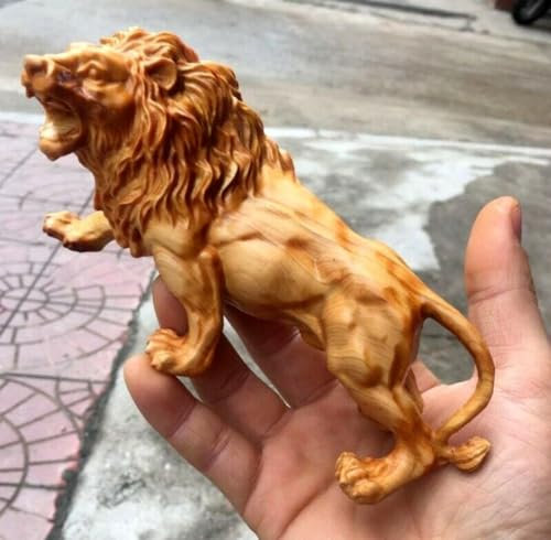 YTDJJWLS Natural Cypress Wood Hand Carved Lion Statue Animal Sculpture Home Decoration
