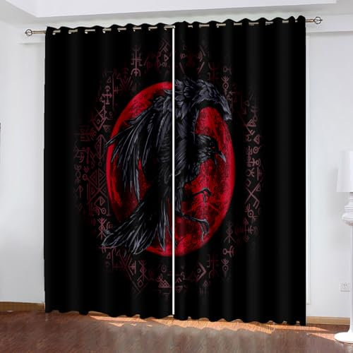 WIKINGER Vorhänge mit ösen 2er Set B 280 X H 175 cm 3D Rabe Gardinen Blickdicht Kälteschutz Schallschutz Verdunkelung Wärmeisolierende Vorhang für Wohnzimmer Schlafzimmer