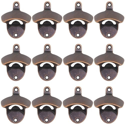Luwanburg 12 PCS Rustic Bottle Opener Wall Mounted Stainless Bottle Cap Opener, Screw in Beer Bottle Top Opener for Game Room Home Kitchen (Antique Copper)
