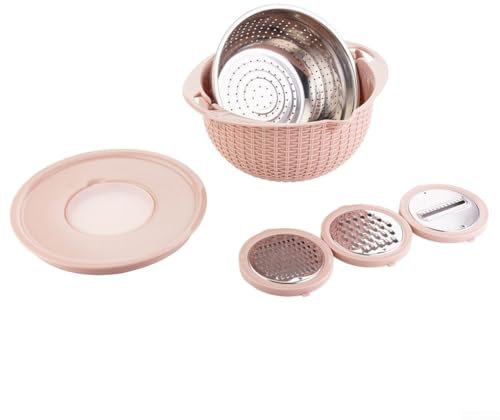 Scolapasta con ciotola, set di scolapasta girevole con coperchio, affettatrice, riso, risciacquo, colino per casa e cucina (rosa)
