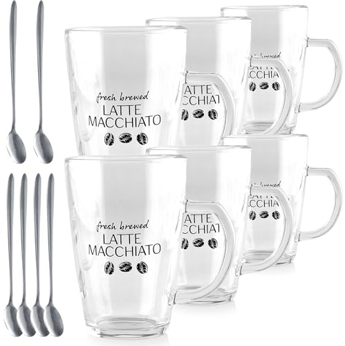 Latte Macchiato Gläser Set - 6 Gläser und 6 Löffel - Langlebiges Glas - Mikrowellengeeignet - Kaffeetassen für heiße und kalte Getränke - 300ml - Geeignet für den täglichen Gebrauch