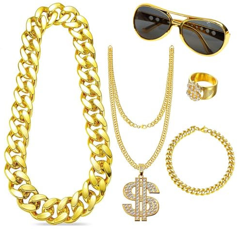 YIWONFU 5 Stück Zuhälter Kostüm, 80er 90er Jahre Outfit Herren Hip Hop Kostüm Goldkette Herren Gangster Gang Sonnenbrille Goldene Dollar Kette Ring, Hip Hop Kostüm Für Karneval Fasching Mottoparty