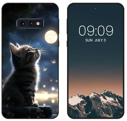 WUACYEAMING Noir Coque pour Samsung Galaxy S10e, Haute Qualité TPU Silicone Mince Souple Antichoc Bumper avec La Lune et Le Chat Motif Dessin Mat Case
