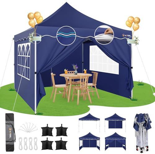 HOTEEL Faltpavillon 3x3 Wasserdicht Stabil Pop Up Pavillon Klappbar 3x3m Winterfest Partyzelt, mit 4 Seitenwänden, 4 Sandsäcken, 4 Seilen, 4 Heringen, Verdickte 0,6mm Randstange, 310cm Hoch, Dunkelbl