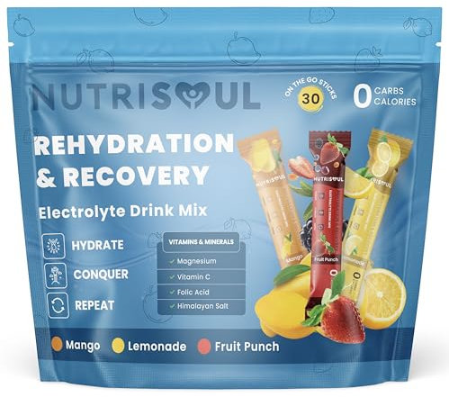 Rapid Rehydration Electrolyte Powder | 30 Sachets | Vitamins C, B1, B3, B5, B9, B12, Magnesium & Himalayn Salt | Zero Sugar | Revitalising Nutritional Electrolytes Hydration Drink Mix