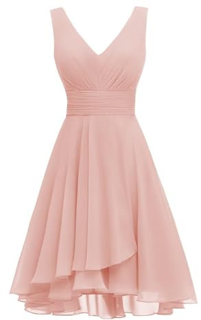 Robe de demoiselle d'honneur courte en mousseline plissée à double col en V pour femme, vieux rose, 38