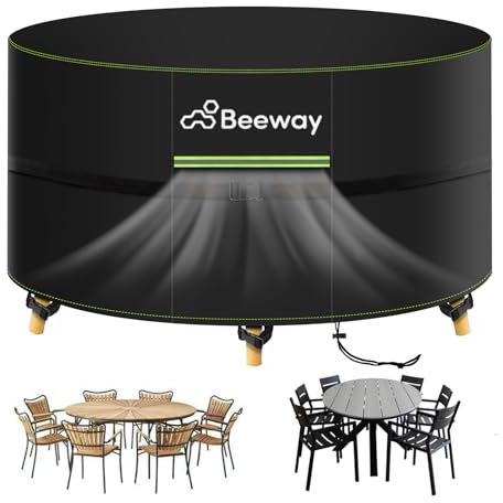 BEEWAY Garden Table Cover Round Waterproof with Air Vent, Patio Furniture Table and Chair Set Cover Outdoor - 420D Oxford Fabric, Windproof - Circular Φ230 x 100cm