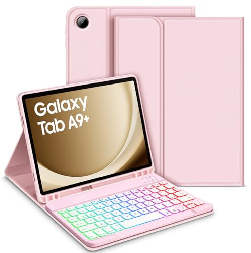 Bettdow Tastiera Custodia per Samsung Galaxy Tab A9+ 11 2023, Layout Italiano Retroilluminata Staccabile e Cover Protettiva per SM-X210/X215/X216, Rosa