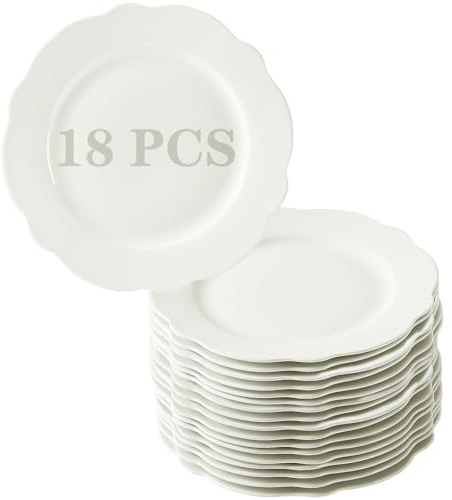 TAMAYKIM 18 Pieces 6.5 Inch Porcelain Dinner Plates, Lotus Leaf Shape Dessert Plate, Appetizer Plates, Small Dinnerware Sets, Scratch Resistant, Microwave, Oven, and Dishwasher Safe, White