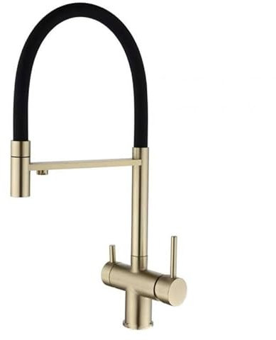 3 Wege Armatur Küche mit Trinkwasserfilter Wasserhahn Edelstahl Küchenarmatur 1 Loch Schwenkauslauf 2 Hebel Gebürstetes Gold Spültischarmatur Mischbatterie Küche