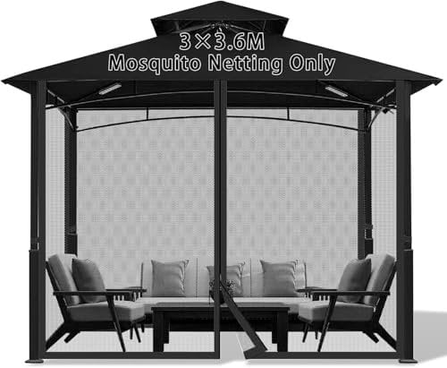 jianyana Moustiquaire Tonnelle, 4 Panneaux Moustiquaire Pergola Moustiquaire Terrasse Exterieur avec Fermeture éclair Mur pour Tonnelle de Terrasse (Noir, 300cm x 300cm)
