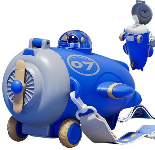 MZSX Aircrafts Shaped Water Bottle Kids, 550ML Sport Water Drink Bottle with Straw Leak, Reusable Water Bottles, Adjustable straps, Boys Girls for School Sport Picnic Travel (Blue)