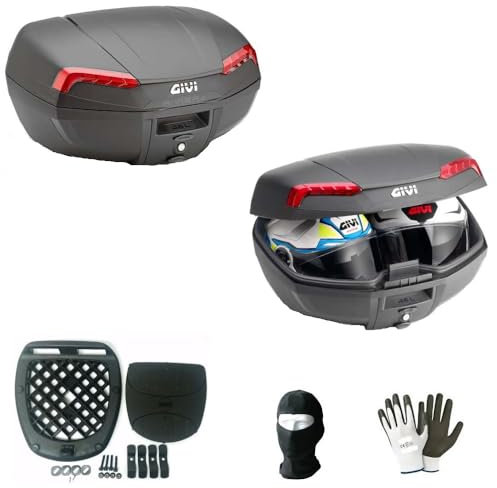 KOMPATIBEL MIT KYMCO CV3 E46N Koffer-TOPCASE MIT ROTEN Reflektoren + MONTAGESATZ + Anti-VIBRATIONSMATTE + Platte FÜR Motorrad-Scooter-GEPÄCKTRÄGER 2 GROßE HELME