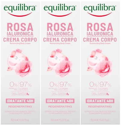 Equilibra Rosa Ialuronica Crema Corpo Nutriente Idratante e Rigenerante 48h per Pelle Secca No Parabeni Non Unge Ingredienti Naturali con Rosa Damascena e Acido Ialuronico - 3 Flaconi da 150ml