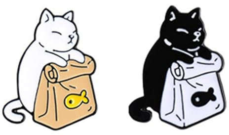Reinscer Niedliche Schwarz-Weiße Katze-Emaille-Fisch-Brosche mit Cartoon-Tieren, Metall, Lustige Meme-Anstecker, Broschennadeln, Ästhetische Anstecker für, Kinder, Frauen,