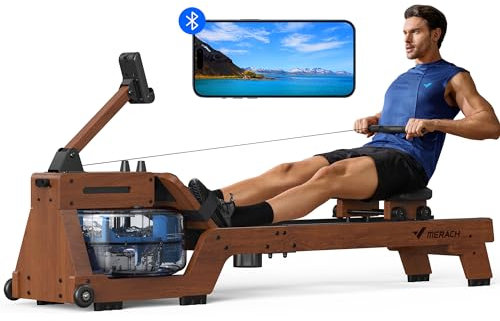 MERACH Wasserrudergerät für Zuhause, Intensives Rudererlebnis mit Hochwertigem Massivholz & 22L Wassertank & Exklusiver APP, Professioneller Monitor & Tablet-Halterung, Bequemer Ergonomischer Stuhl