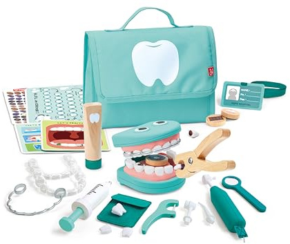 Hape Zahnarzt-Set | Pädagogisches Zahnarzt, Rollenspiel mit vibrierender Zahnbürste, abnehmbaren Zähnen und Zubehör | Ab 3 Jahren