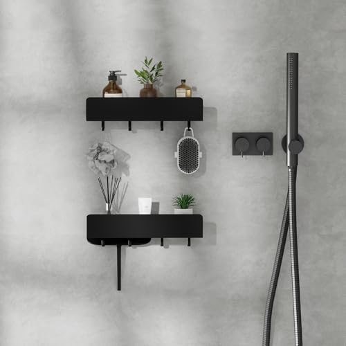REKITA Étagère Douche sans Perçage 30 cm, Organisateur Salle de Bain en Acier Inoxydable avec 4 Crochets Amovibles, Support pour Shampoing, Étagère Murale, Lot de 2, Noir