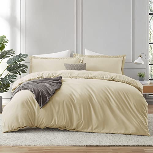 Hearth & Harbor Beige Cream Duvet Cover with Fitted Sheet King Size - 4 Piece Soft Double Brushed Bedding Set, Includes 1 Duvet Cover with Button Closure, 1 Fitted Sheet, 2 Pillow Shams