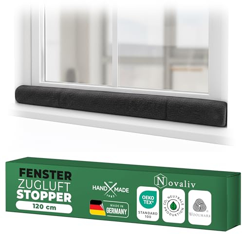 Zugluftstopper für Fenster 120cm Anthrazit Schurwolle – stoppt Zugluft & Kälte, dämpft Lärm/Staub/Licht, rutscharm, ohne Bohren; für Fensterbank/Rahmen, Spalt abdichten, Einzelstück
