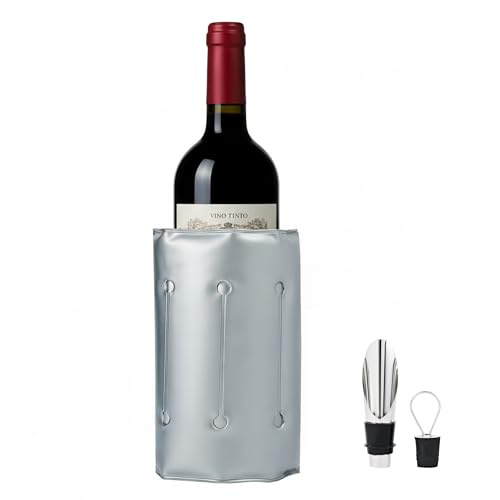 LIXTYC Enfriador de Botellas de Vino Gris con Cierre de Velcro | Incluye Escanciador Antigoteo Acero Inoxidable | Regalos Originales para Hombre | Accesorios para Vino | Ideal Champagne, Cava y Blanco