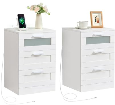 OCTTZ 2er Set Nachttisch mit 3 Schubladen, moderner Beistelltisch mit LED-Beleuchtung, 1 USB- und 1 Type-C-Anschluss, für Schlafzimmer und Wohnzimmer (Weiß, 2 Stück)