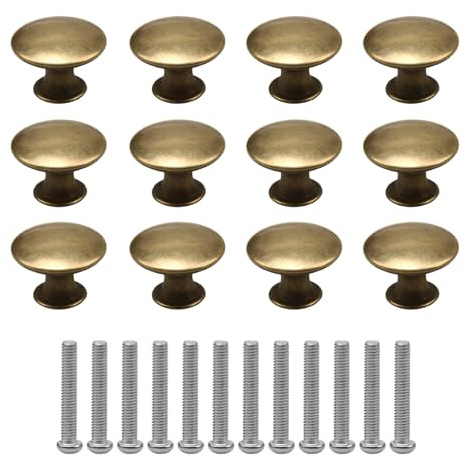 Set med 12 vintage möbelknoppar i antik mässing, zinklegering, runda handtag för skåp, skåp, byrå, kök, badrum, chic och elegant stil