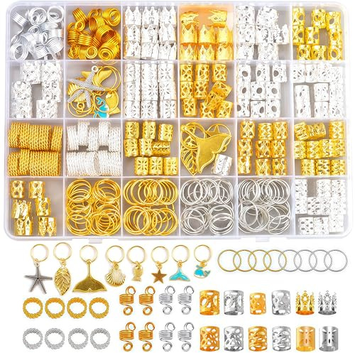 Zosutetoxo 292stück Gold & Silber Haarschmuc Metallisches Haar Accessoire mit Haarringen und Anhängern, Vielseitiger Haarschmuck Gold für Braids und Dreadlocks